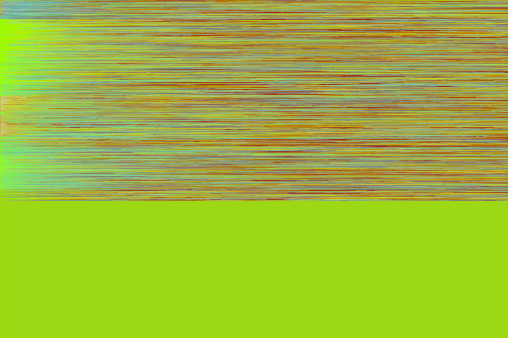Hellgelb-grüner Farbraum, der im oberen Teil des Bildes aus feinen roten und gelben Streifen besteht