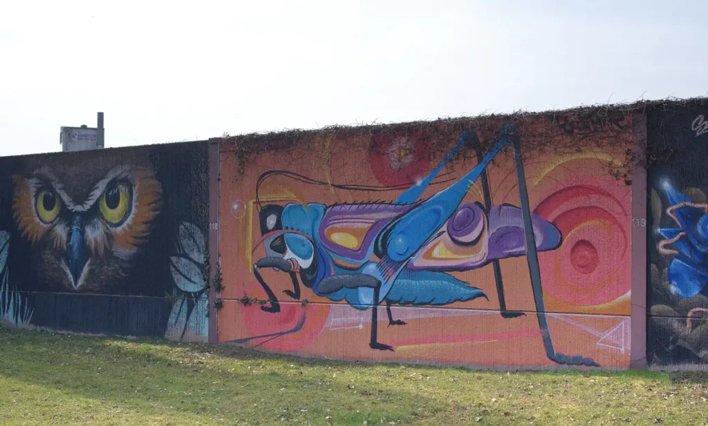Streetart Farbiges Bild einer Heuschrecke an einer Beton-Lärmschutzwand